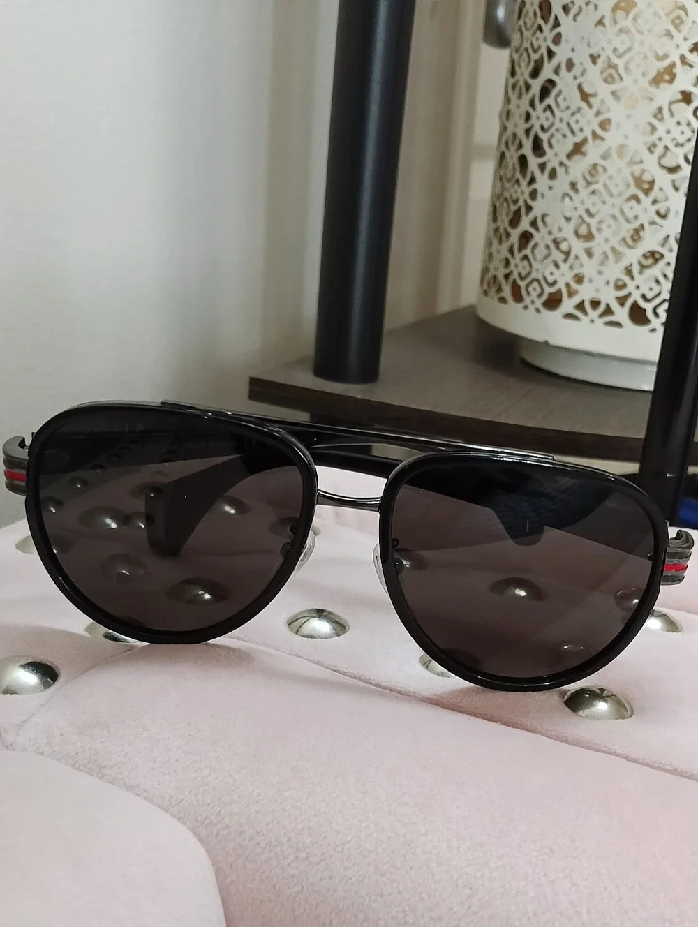Gucci GG0447S 001 Black Aviator Sunglasses with Green and Red Temple Stripes